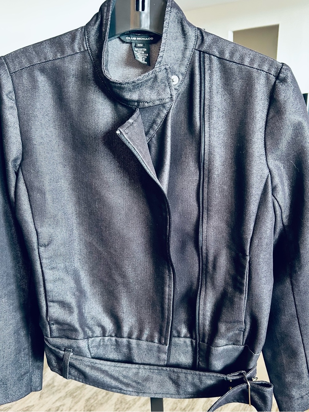 New- Club Monaco shiny denim blue Asymmetric Moto Jacket. Wide waist&belt.